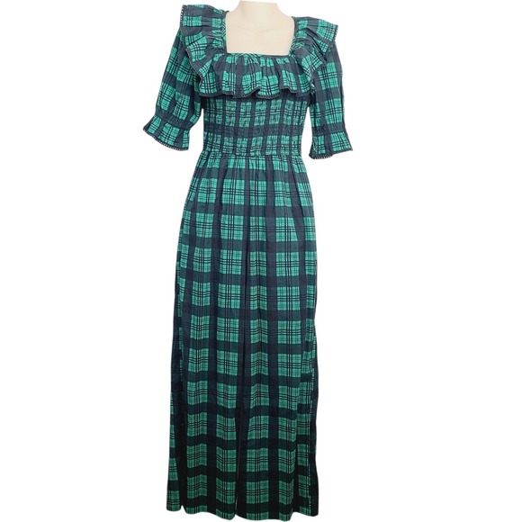 Ivy City Co Plaid Smocked Jumpsuit S Green Blue Puff Sleeve Square Ruffle Neck - Picture 1 of 11